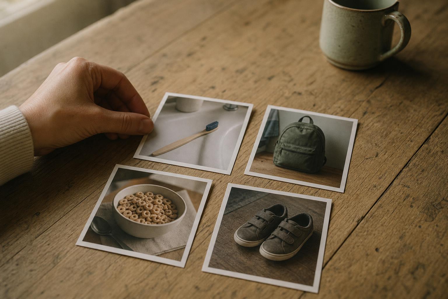 A parent's hand arranging printed real-photo schedule cards on a wooden kitchen table in soft window light.